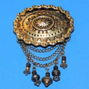 Vintage GJD Brooch Pin Ginnie Johanson Chatelaine Chains Dangle Charms Gold Tone